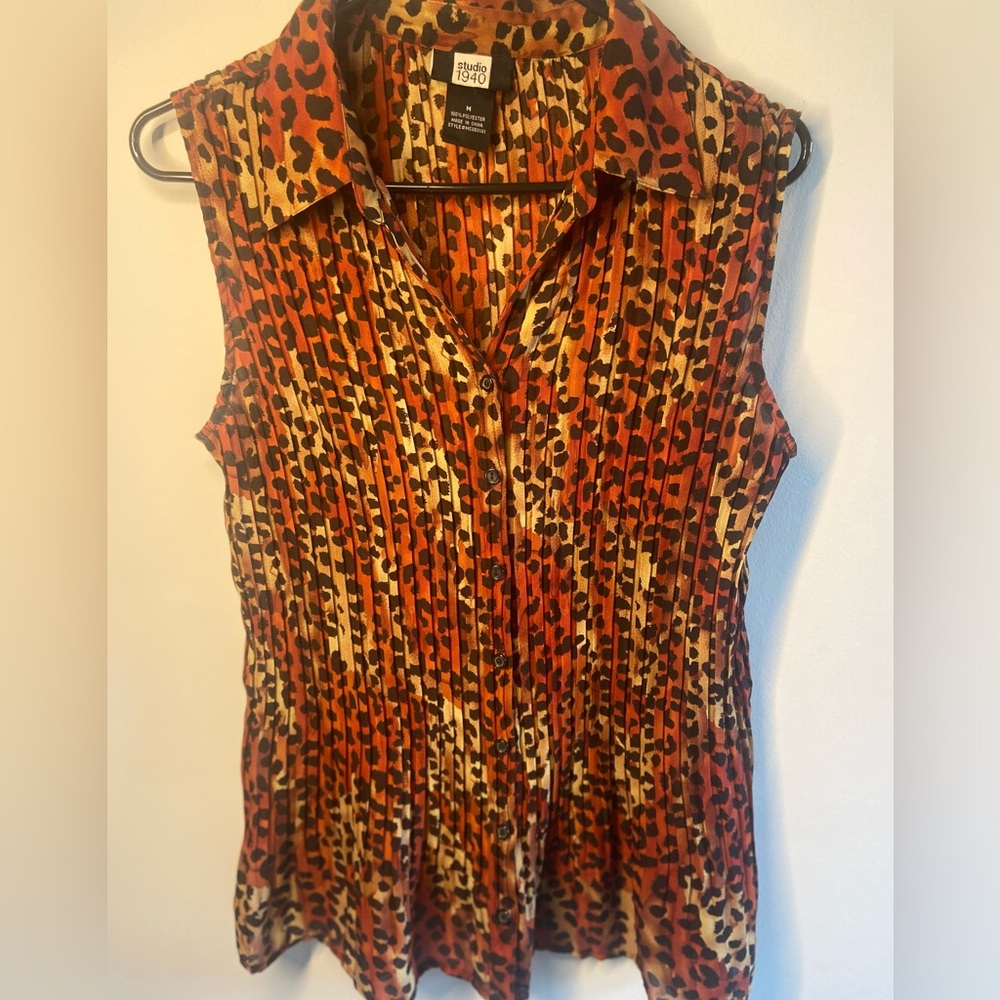 Studio Brown and Orange Sleeveless Blouse with Notched Collar